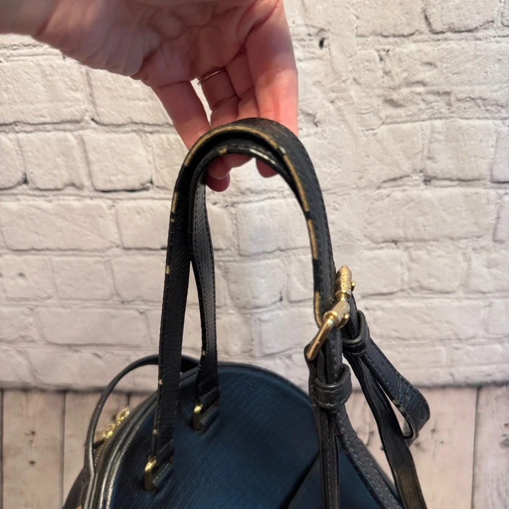 Henri Bendel Black Reptile Embossed Leather Backpack Structured Bag quiet luxury